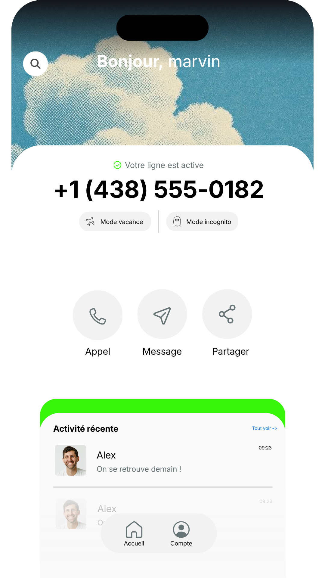Aperçu de l’application Yusee avec une ligne active, les appels, les messages et l’activité récente